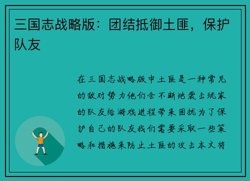三国志战略版：团结抵御土匪，保护队友